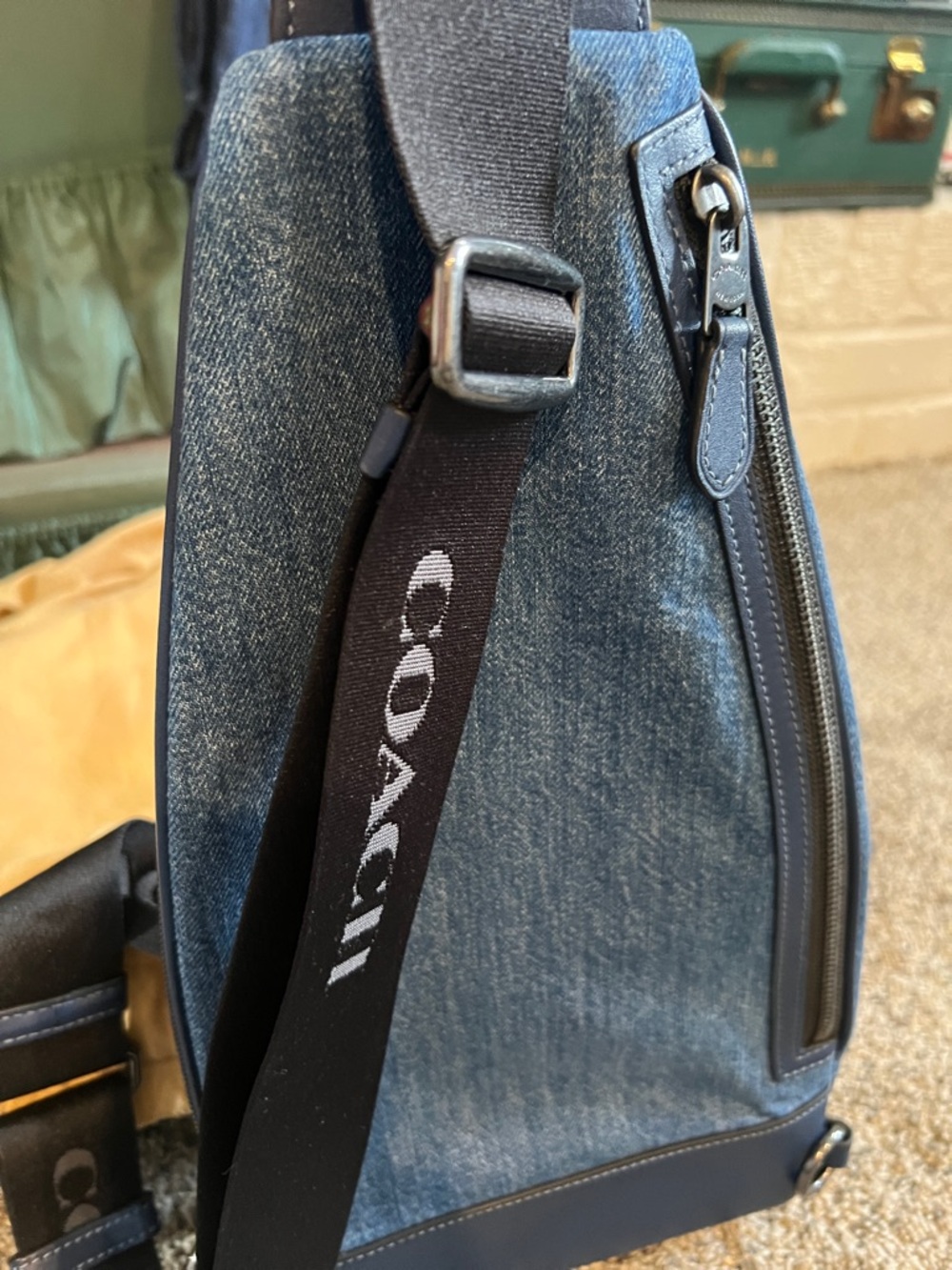 RARE Coach Purse (Crossbody Bag). Denim and Navy Leather Sling Belt Bag - Picture 2 of 14